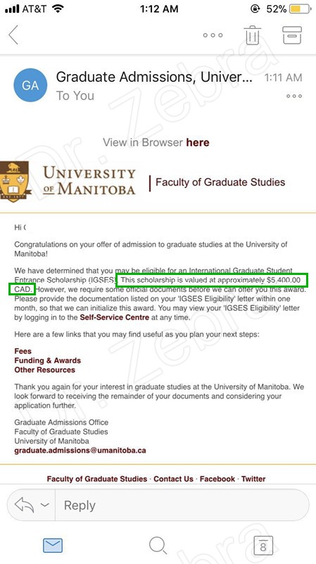 斑马博士，斑马博士留学中心，加拿大曼尼托巴大学Manitoba Offer+ 5400加币奖学金