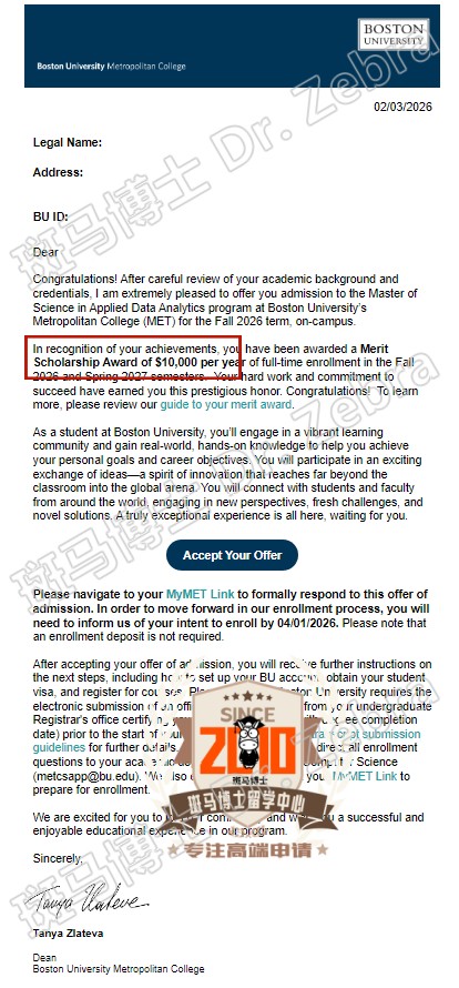 Boston University Master of Science in Applied Data Analytics硕士录取+10000美元奖学金！