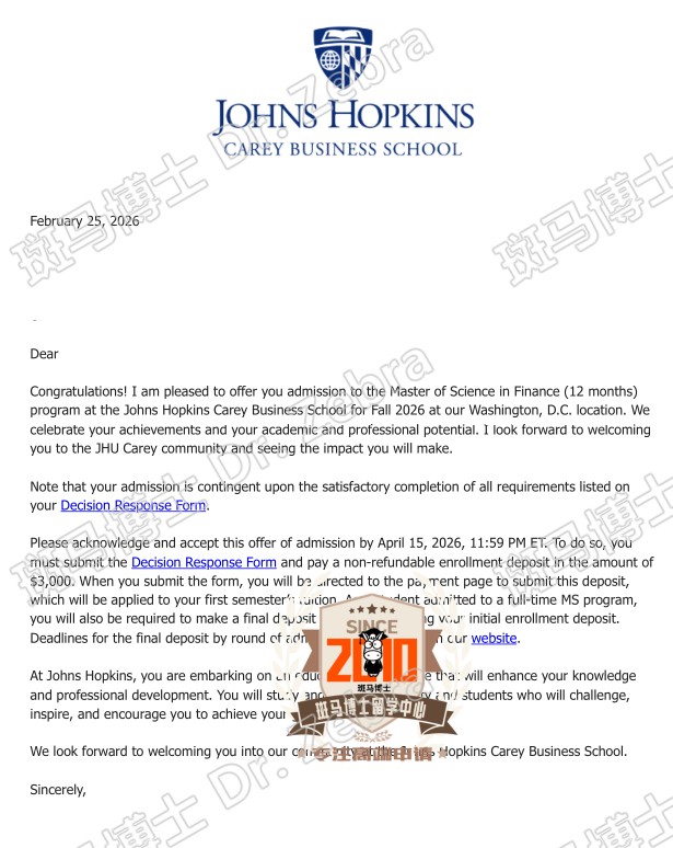 Jhu Master of Science in Finance硕士录取！