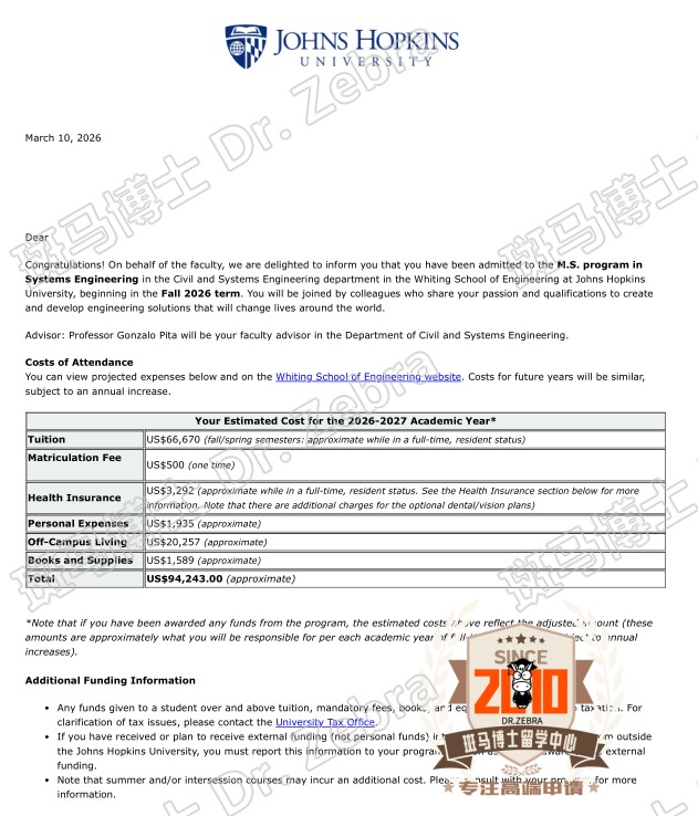 JHU M.S. in Systems Engineering硕士录取！