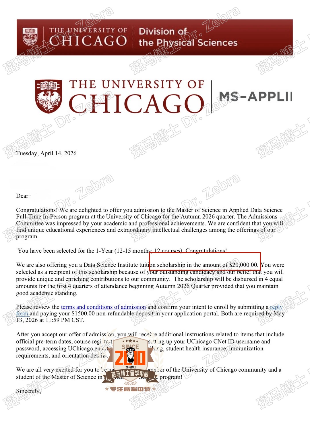 The University of Chicago Master of Science in Applied Data Science硕士录取+20000美元奖学金！